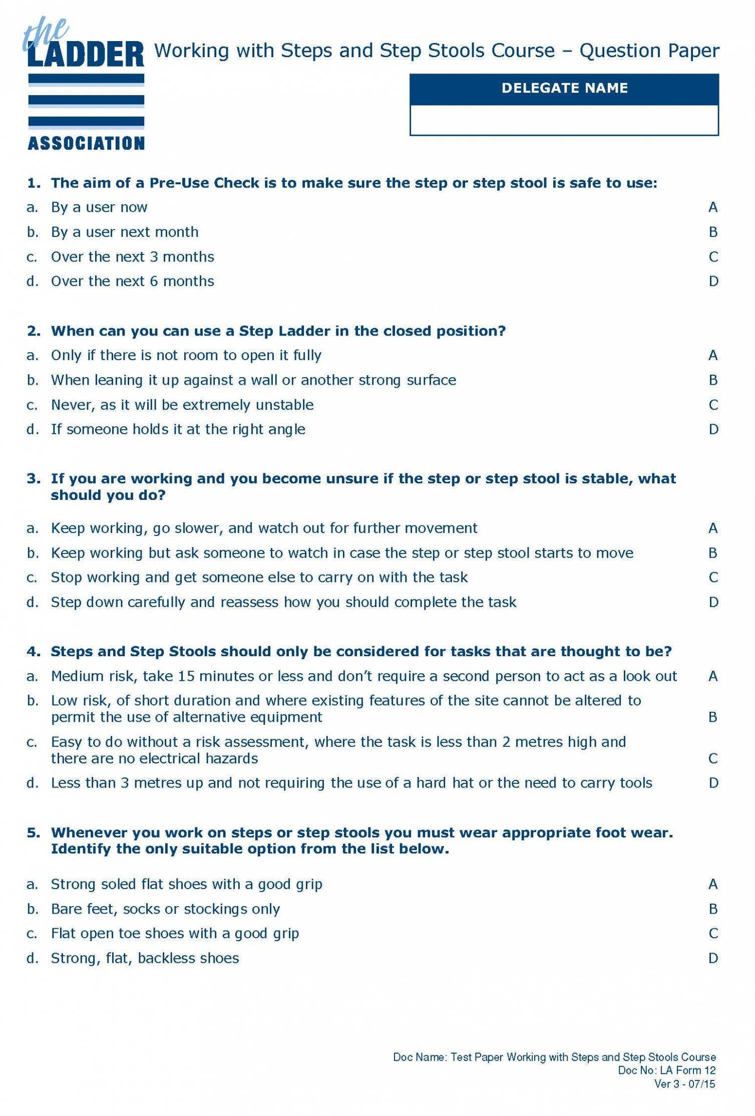 S-T-E-P Practical Assessment Sheet Form 16 | Ladder Association ...